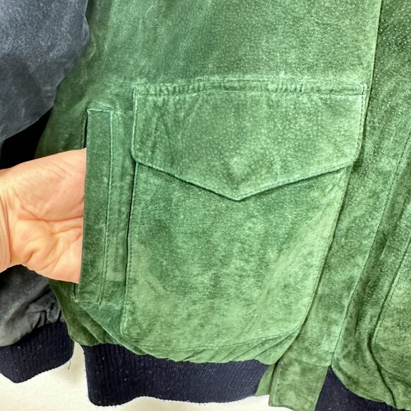 Green & Blue Suede Leather Bomber Jacket 80s Vintage Copper Key Size Medium - Picture 10 of 12